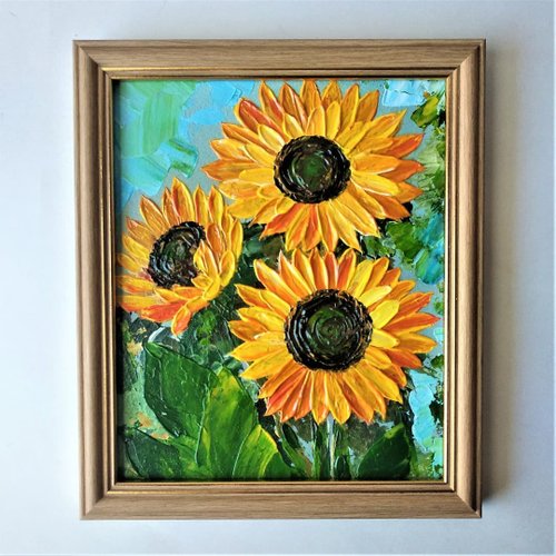 アクリル画 花 ヒマワリ　夏　青　黄色　テクスチャーアート　原画　一点もの アクリル画 花 ヒマワリ 夏 青 黄色 テクスチャーアート 原画
