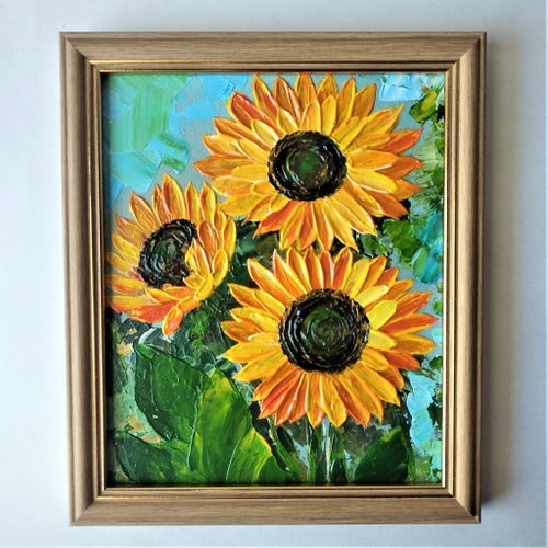 アクリル画 花 ヒマワリ　夏　青　黄色　テクスチャーアート　原画　一点もの アクリル画 花 ヒマワリ 夏 青 黄色 テクスチャーアート 絵画