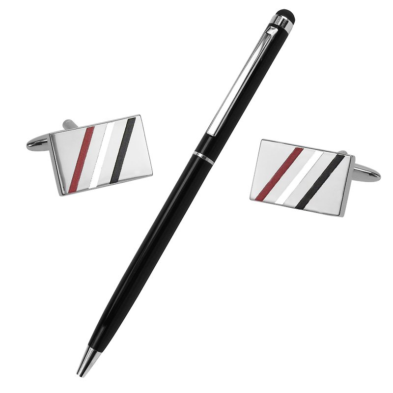 Black, White and Red Diagonal Stripes Cufflinks and Pen Set