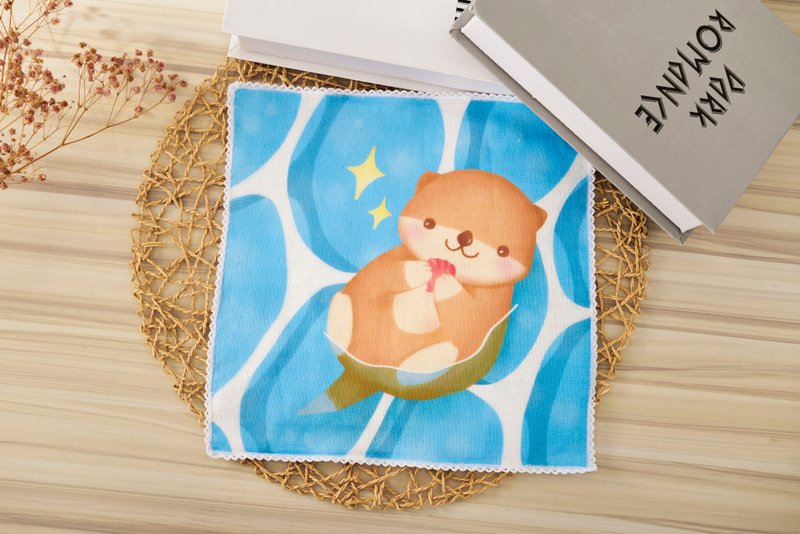 Illustrative handkerchief(Otter finds treasure) - ผ้าเช็ดหน้า - ผ้าฝ้าย/ผ้าลินิน สีน้ำเงิน