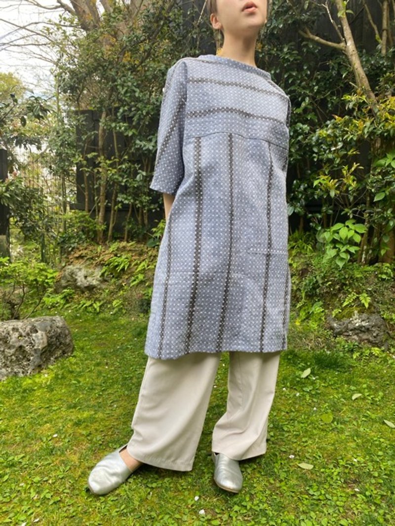 Yukata fabric stand collar dress - One Piece Dresses - Cotton & Hemp Blue