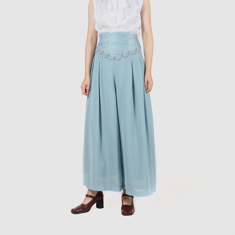 [Egg Plant Vintage] Jasmine National Solid Color High Waist Ancient Wide Pants - กางเกงขายาว - เส้นใยสังเคราะห์ สีน้ำเงิน