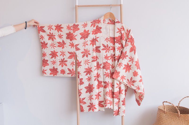 ... {acorn girls :: vintage kimono} is a light silk beige colored leaves feather woven - Women's Casual & Functional Jackets - Silk Red
