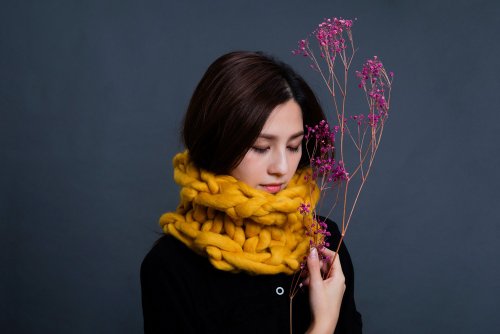 盲藤手作 MOUNTAIN HAND MADE 【盲藤手作-川】粗線100%純羊毛編織圍脖/薑黃