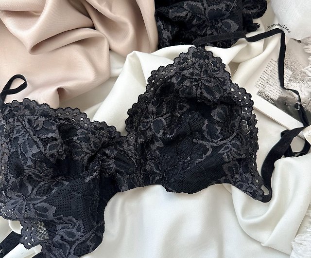 Set of satin lace with lining (bra + panties) black - Shop brababa