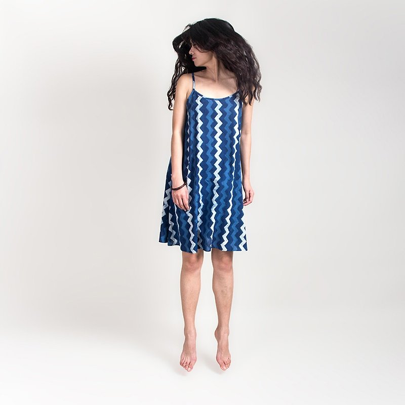 Indian plant blue dyed rubbing suspender skirt long-staple cotton hand rubbing pattern - One Piece Dresses - Cotton & Hemp 
