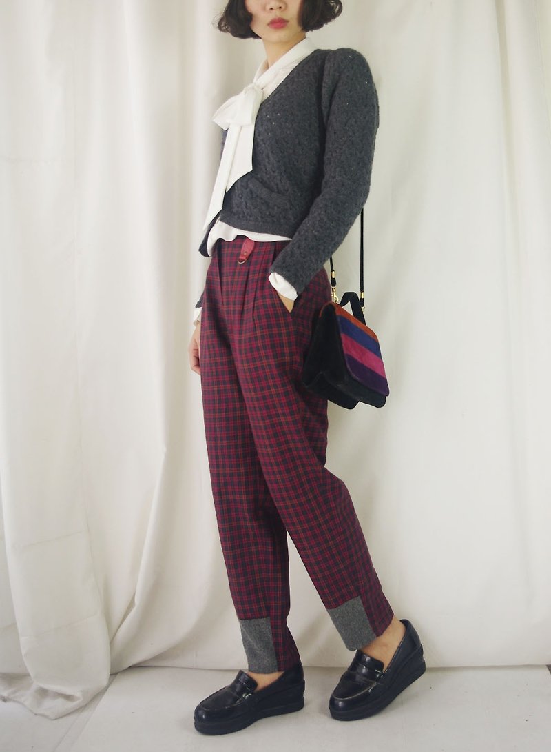 [Re;] style transformation of vintage - retro dark red grid collage discount pants - Women's Pants - Wool Red