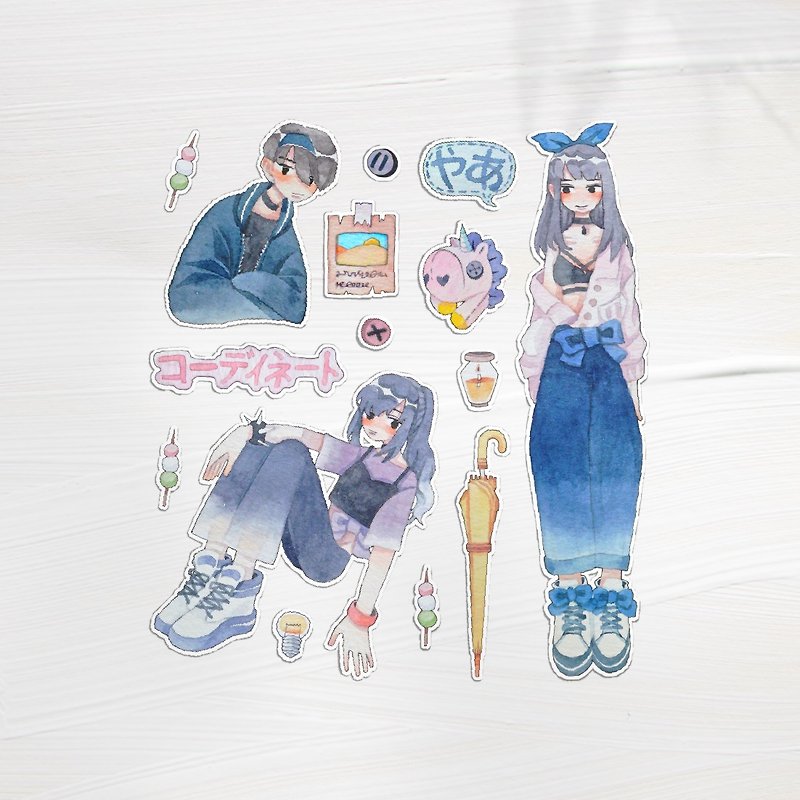15 pieces of hand-painted watercolor stickers for dressing - สติกเกอร์ - กระดาษ สีน้ำเงิน
