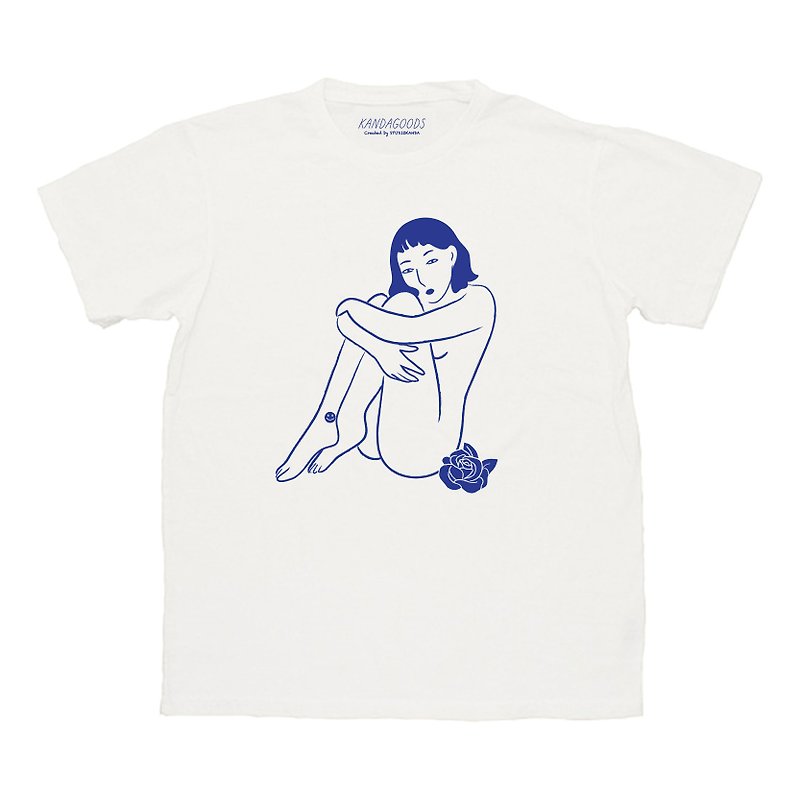 棉．麻 女 T 恤 藍色 - Naked lady t-shirt