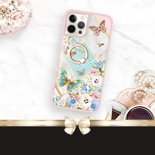 apbs 雅品仕 水晶彩鑽手機殼 iPhone 12全系列 水晶彩鑽減震指環扣手機殼-蝶戀芳庭