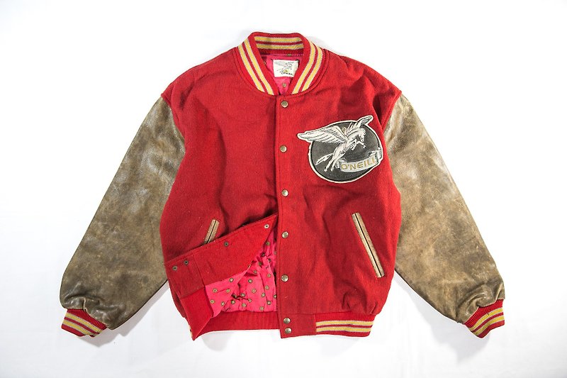 [3thclub Ming Ren Tang] leather sleeve baseball jacket wool Pegasus line space BSE-003 vintage Japanese - เสื้อโค้ทผู้ชาย - ผ้าฝ้าย/ผ้าลินิน สีแดง