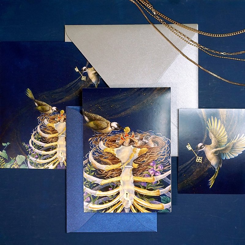 [Jin Ji Er Sheng] Painting Card Combination Pack | Pulsatilla & Rib Animal Watercolor Greeting Card - Cards & Postcards - Paper Blue