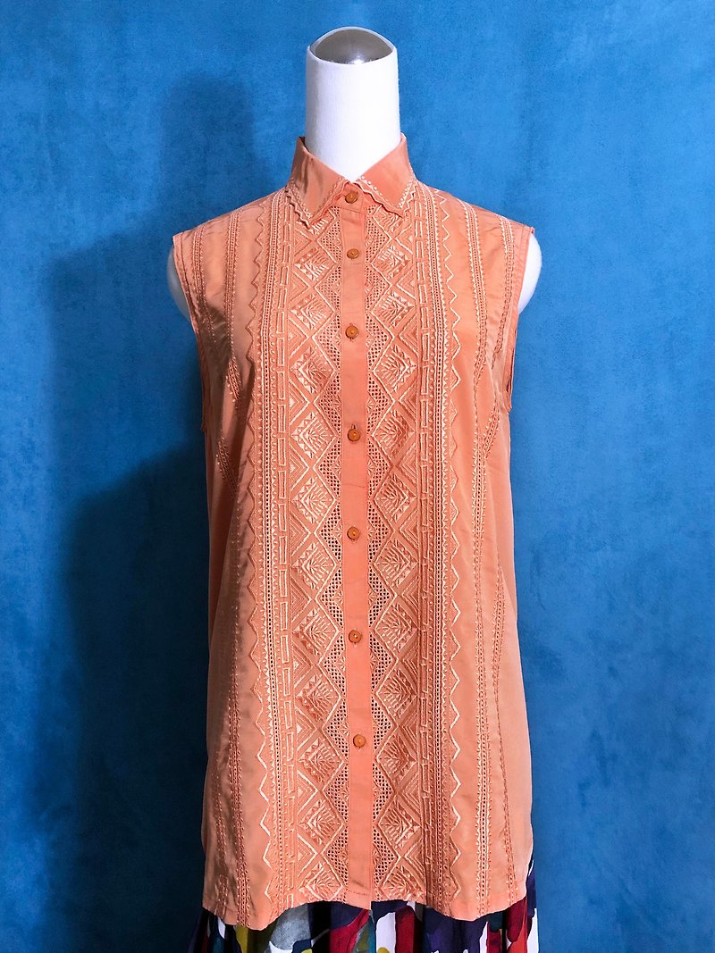 Peach Orange Totem Embroidered Sleeveless Vintage Shirt / Brought Back VINTAGE Abroad - Women's Shirts - Polyester Orange