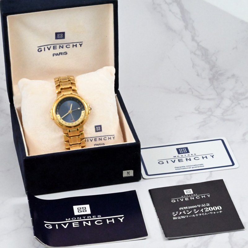 Givenchy quartz watch blue dial gold MILLESIME 2000 unisex box certificate card - Women's Watches - Stainless Steel Blue