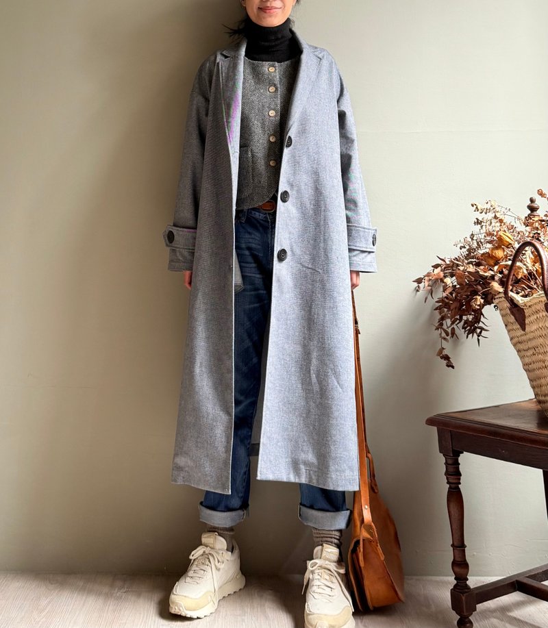 Just leave/leave/denim suit collar OVER SIZE wide version long coat/windbreaker jacket - เสื้อแจ็คเก็ต - ผ้าฝ้าย/ผ้าลินิน 