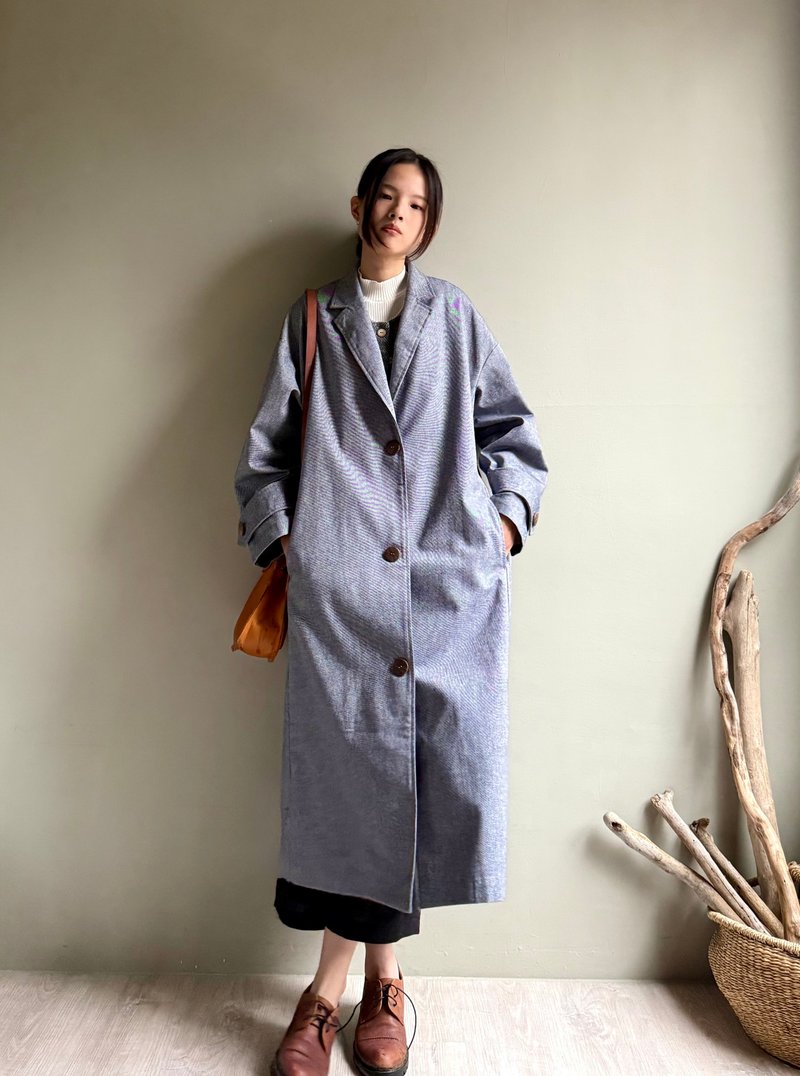 說走就走/單寧氣息西裝領OVER SIZE闊版長大衣/風衣外套 - 女裝外套/大衣 - 棉．麻 