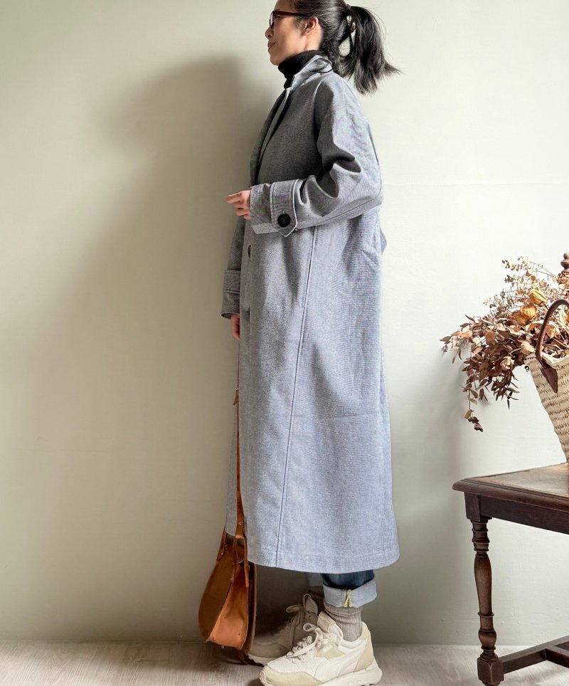 Just leave/leave/denim suit collar OVER SIZE wide version long coat/windbreaker jacket - เสื้อแจ็คเก็ต - ผ้าฝ้าย/ผ้าลินิน 