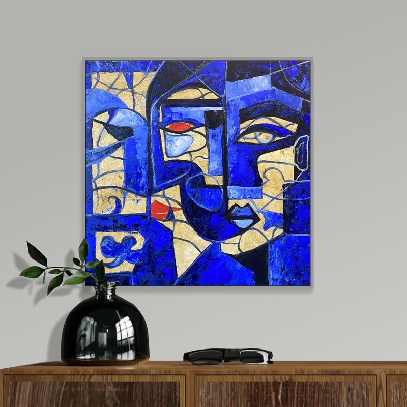 Blue Cubist Painting Abstract Geometric Face Art Modern Artwork Wall Decor - 壁貼/牆壁裝飾 - 壓克力 藍色