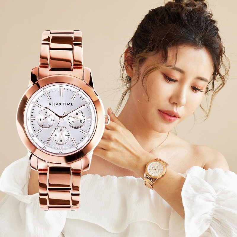 RELAX TIME three-eye series light and stylish (R0800-16-32) rose X white - Women's Watches - Stainless Steel White
