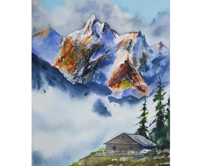 オリジナルの水彩画の山 風景を描く 山の風景 アートワーク - ショップ