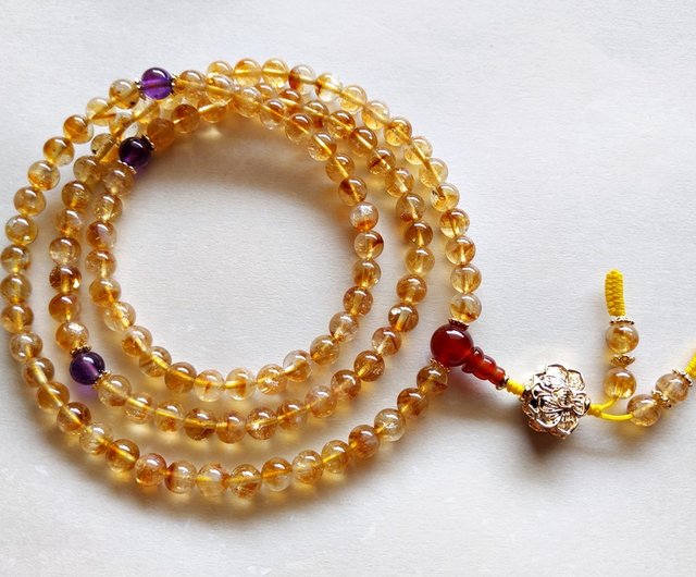 ORLI Jewelry 天然黃水晶108顆念珠酒黃色黃水晶108顆佛珠紫水晶- 設計 