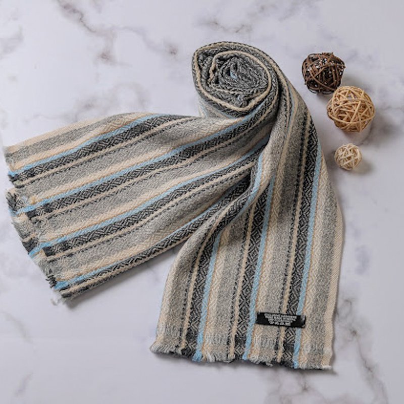 [Narrow Version] Cashmere Wool Scarf Black Gray Blue Stripes Diamond Dark Pattern Neck Handmade Weaving - Knit Scarves & Wraps - Wool Multicolor