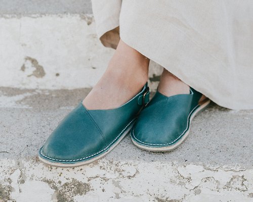 Crupon 藍綠色皮革涼鞋、露跟涼鞋、皮革涼鞋、夏季涼鞋、女士涼鞋