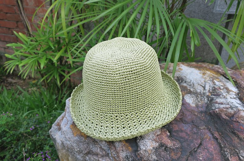 A mother's hand-made hat-summer paper rope hat / simple round hat / mustard green / outing / gift - หมวก - กระดาษ สีเขียว