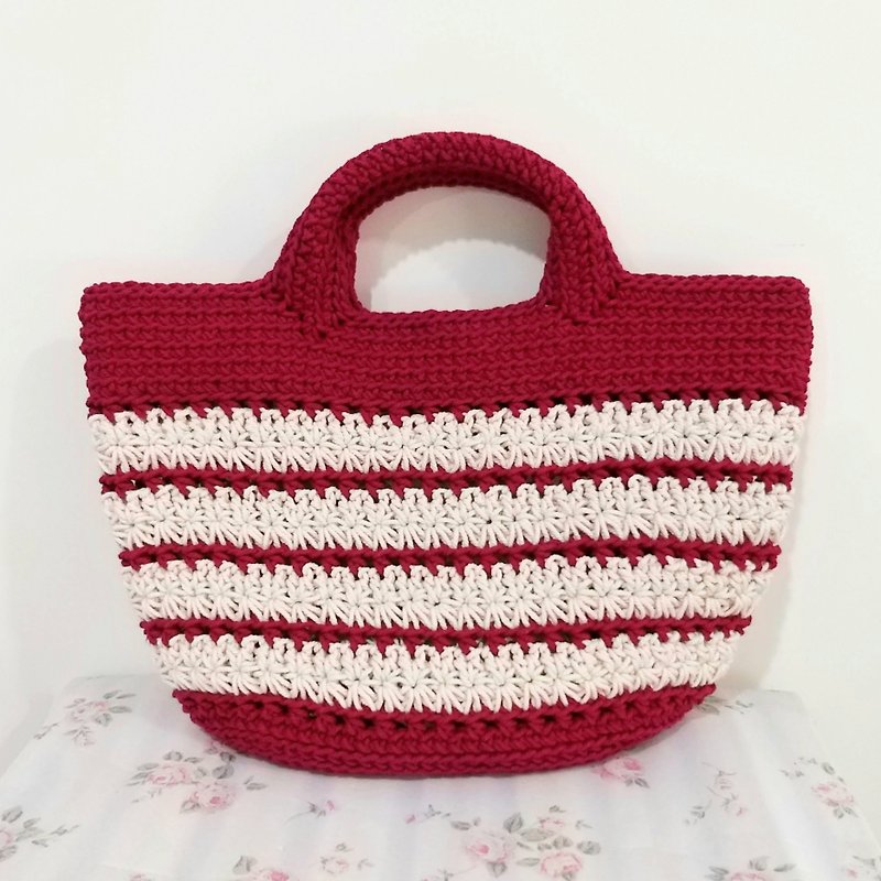 赤と白のストライプのコットンリネンバッグライン手編み - トート・ハンドバッグ - コットン・麻 多色
