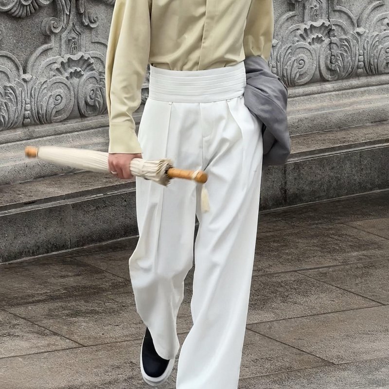 Luanshanhun Chinese style yuppie detachable waist straight wide-leg pants daily commuting all-match original design white - กางเกงขายาว - เส้นใยสังเคราะห์ ขาว