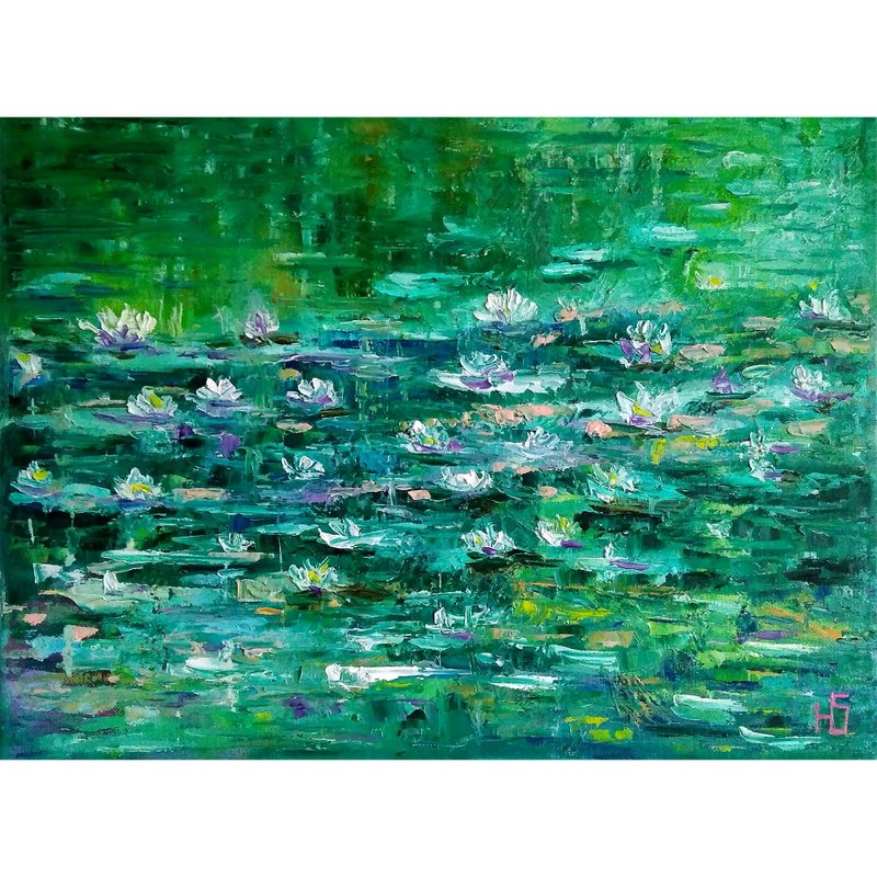 Pond Water Lily Painting Original Art, Lotus Pond Landscape Art, Floral Wall Art - Posters - Cotton & Hemp Green