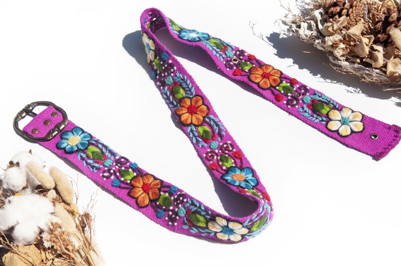 手工編織羊毛腰帶 手工刺繡腰封 手工梭織皮帶-南美洲刺繡花朵 - 皮帶/腰帶 - 羊毛 多色