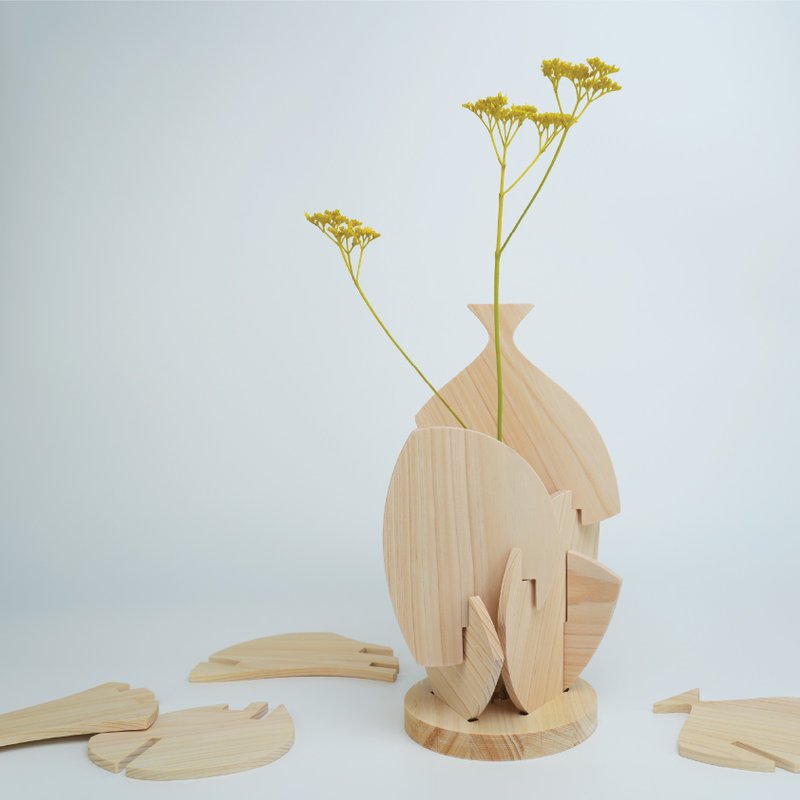 Wooden Board Vase NO.3 Single Flower Vase + Interlocking Puzzle + Cypress + Relaxation + Interior + Free Name Engraving + Free Gift Wrapping - เซรามิก - ไม้ 