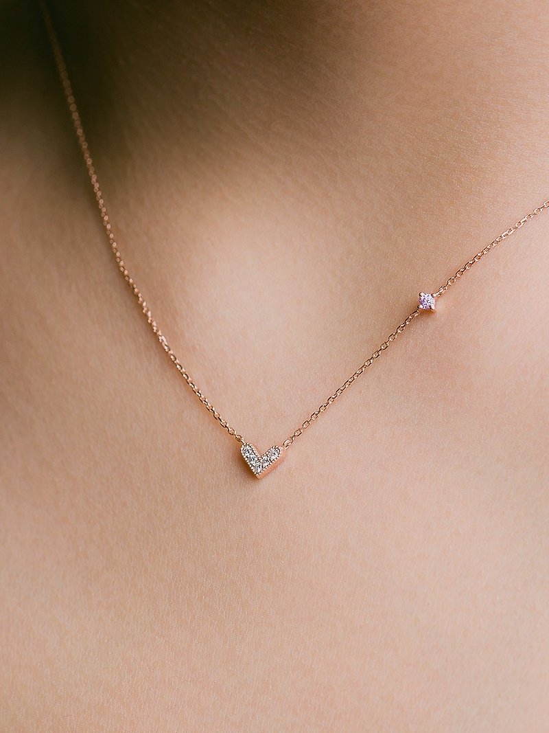 HIWNESS 14K Solid Rose Gold/ Simple Minimalist Rose Gold Necklace/ Dainty Heart - แหวนคู่ - เพชร สึชมพู