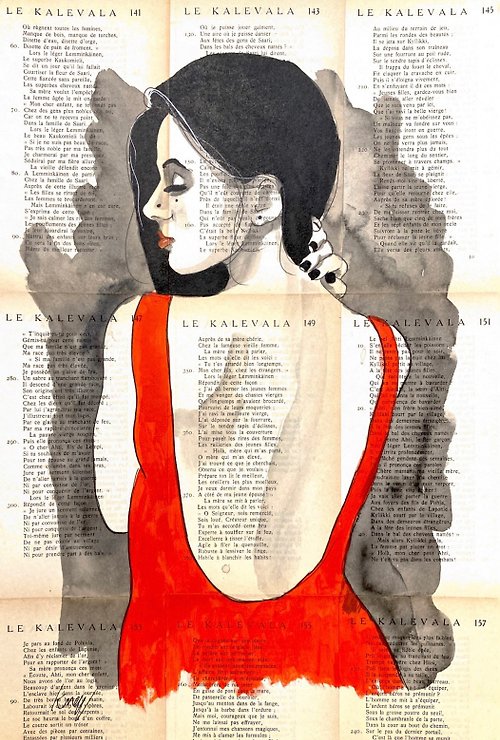 酷鴞藝術 Dead Poets Society 英國藝術家Keven May - 紅衣女人 - 水彩拼貼watercolour collage