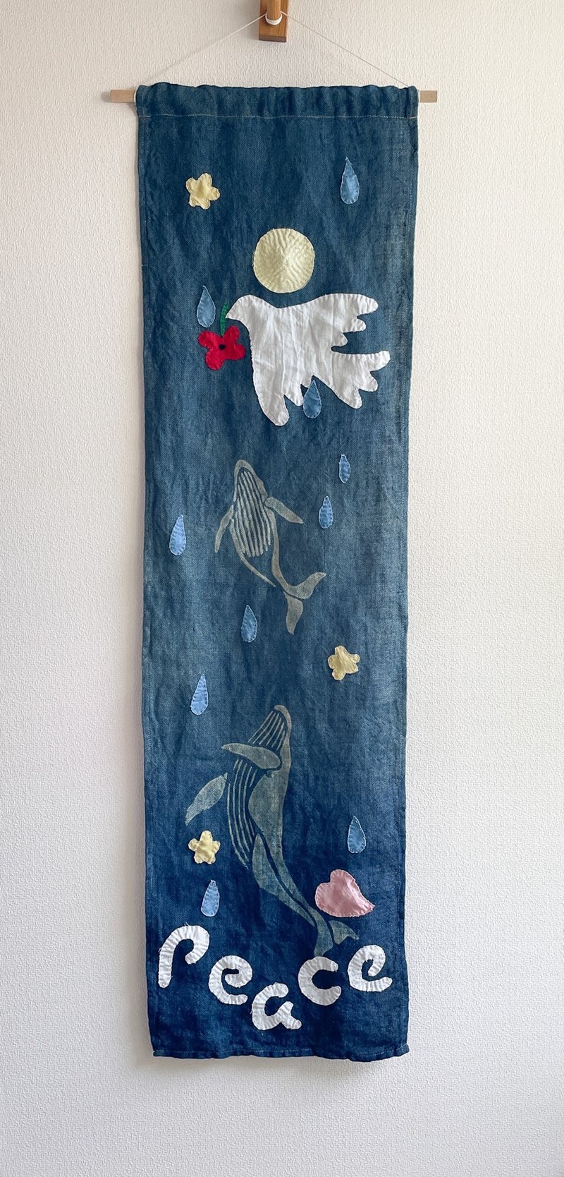 日本製 パッチワーク MOON Whale 月鯨 鳩 JAPANBLUE Tapestry Aizome 藍染 黄麻 peace Wall deco - 其他 - 棉．麻 藍色