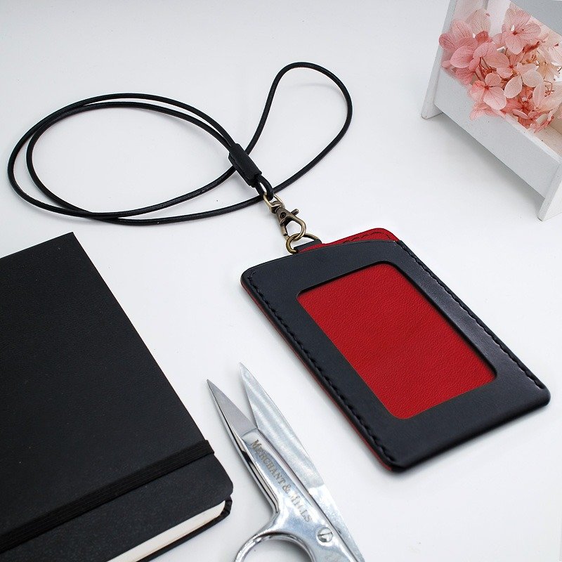 RENEW-Black + red vegetable tanned leather hand-made hand-stitched ID holder, card holder - ที่ใส่บัตรคล้องคอ - หนังแท้ สีแดง