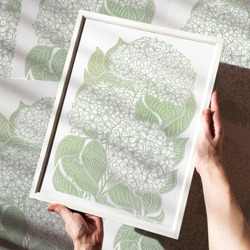 daashart Lime cream green hydrangea flowers Linocut print Botanical relief wall art decor