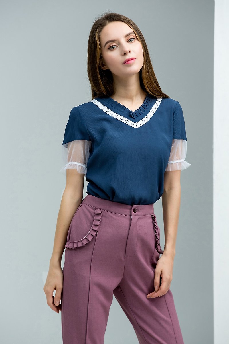 NEGA C. Pleated Lace V-Neck Transparent Sleeve Sleeve Top - Dark Blue - Women's Tops - Polyester Blue