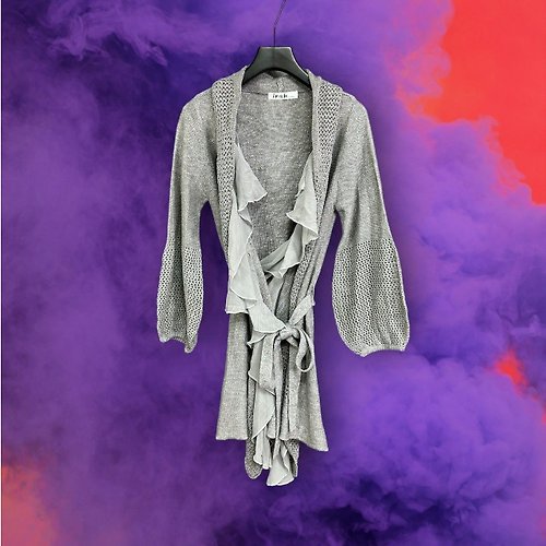 蘿綺莉蕾芭索 二手 銀灰 針織 毛料 綁帶 薄紗領可拆 鏤空 彈性 長袖 罩衫 G103