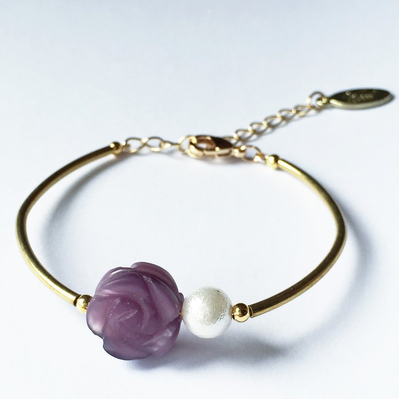 Wood Tansy - romantic and elegant carved rosettes ll Cotton purple opal beads bracelet - สร้อยข้อมือ - เครื่องเพชรพลอย สีม่วง
