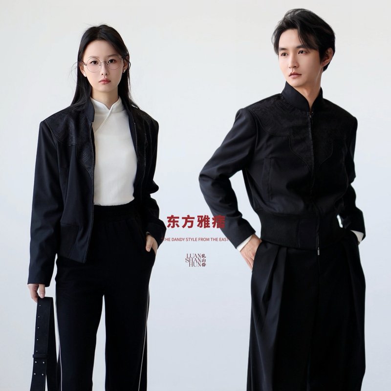 Luanshanhun Oriental yuppie new Chinese style original cloud shoulder short black jacket spring and autumn daily commuting all-match - เสื้อโค้ทผู้ชาย - วัสดุอื่นๆ สีดำ