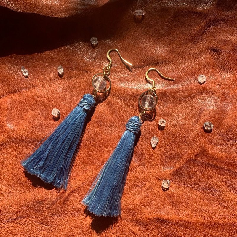 -Earrings- Indigo dyed hemp and Manikarn crystal - Earrings & Clip-ons - Cotton & Hemp Blue