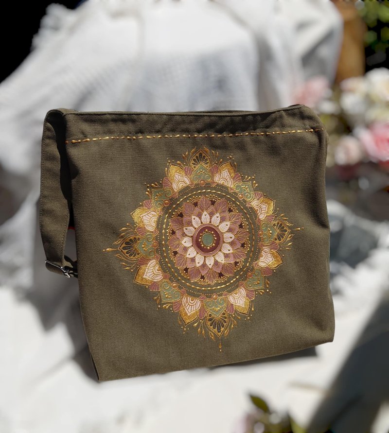 [Hand-painted mandala] Side backpack, retro canvas bag, old bag, tote bag [customized upon order] - Messenger Bags & Sling Bags - Cotton & Hemp Green