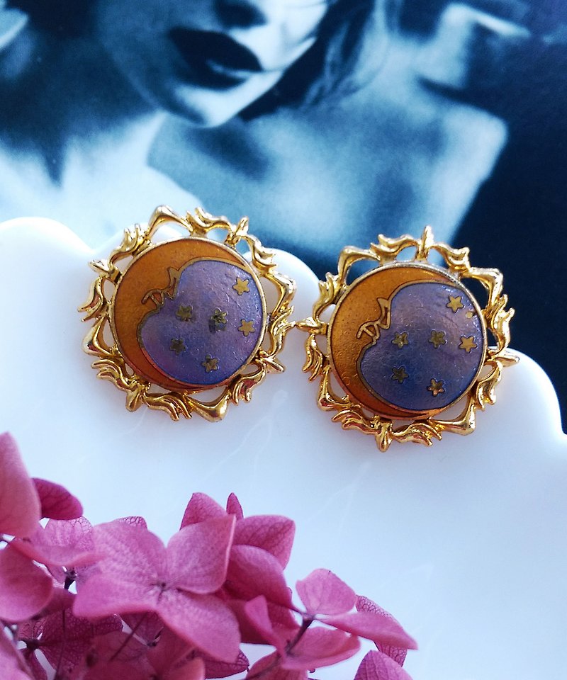 Vintage Jewelry 西洋古董飾品 景泰藍 星月 針式耳環 - ต่างหู - โลหะ สีทอง