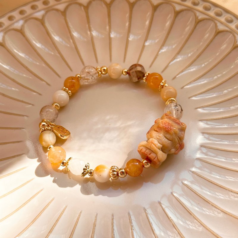 媽祖罩你 珊瑚玉 阿拉善 白水晶 紅兔毛 黑金超 混血石 - 手鍊/手環 - 半寶石 橘色