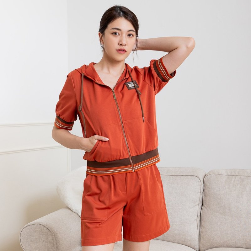 【MEDUSA】橘紅休閒短袖連帽外套(M-XL) | 女連帽外套 短袖外套 - 女大衣/外套 - 棉．麻 紅色
