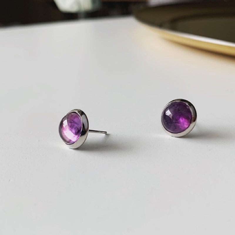 Natural stone round earrings amethyst vintage earrings - Earrings & Clip-ons - Gemstone Purple