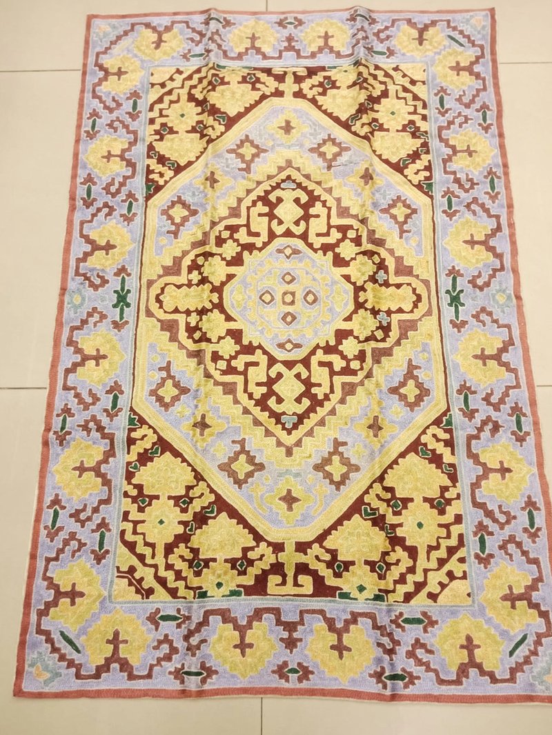 印度喀什米爾 手工刺繡絲質中型地毯 121x76 — 俄羅斯方塊 - 地墊/地毯 - 絲．絹 藍色