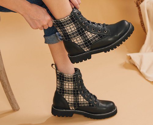 Goodpair 好對女鞋 彈力輕量軍靴 友善尺碼36-45 黑白格紋